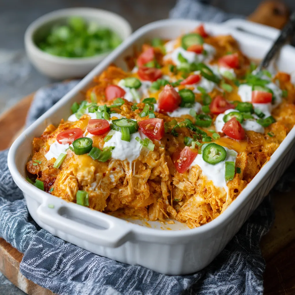 A white bowl filled with jalapeno buffalo chicken casserole.