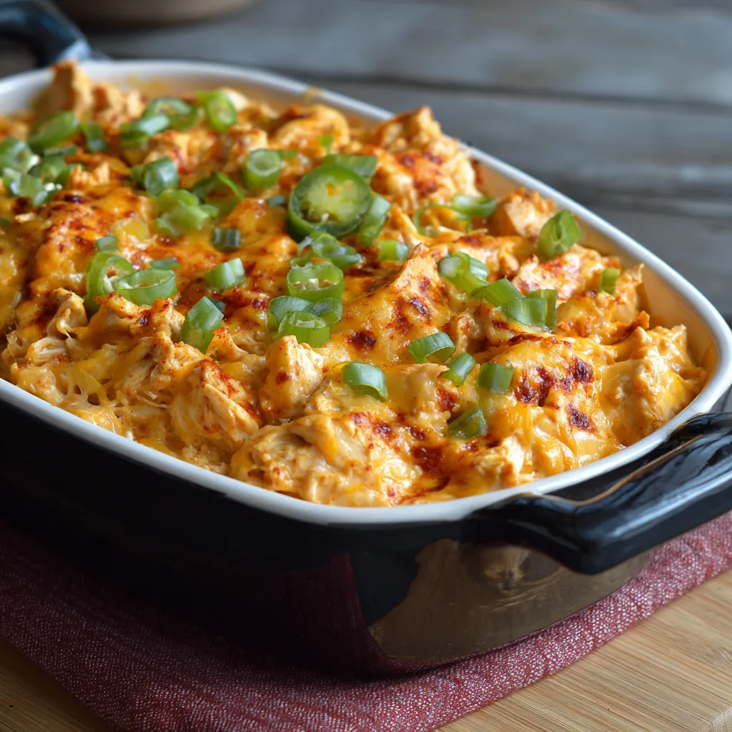 A dish of Jalapeño Buffalo Chicken Casserole.