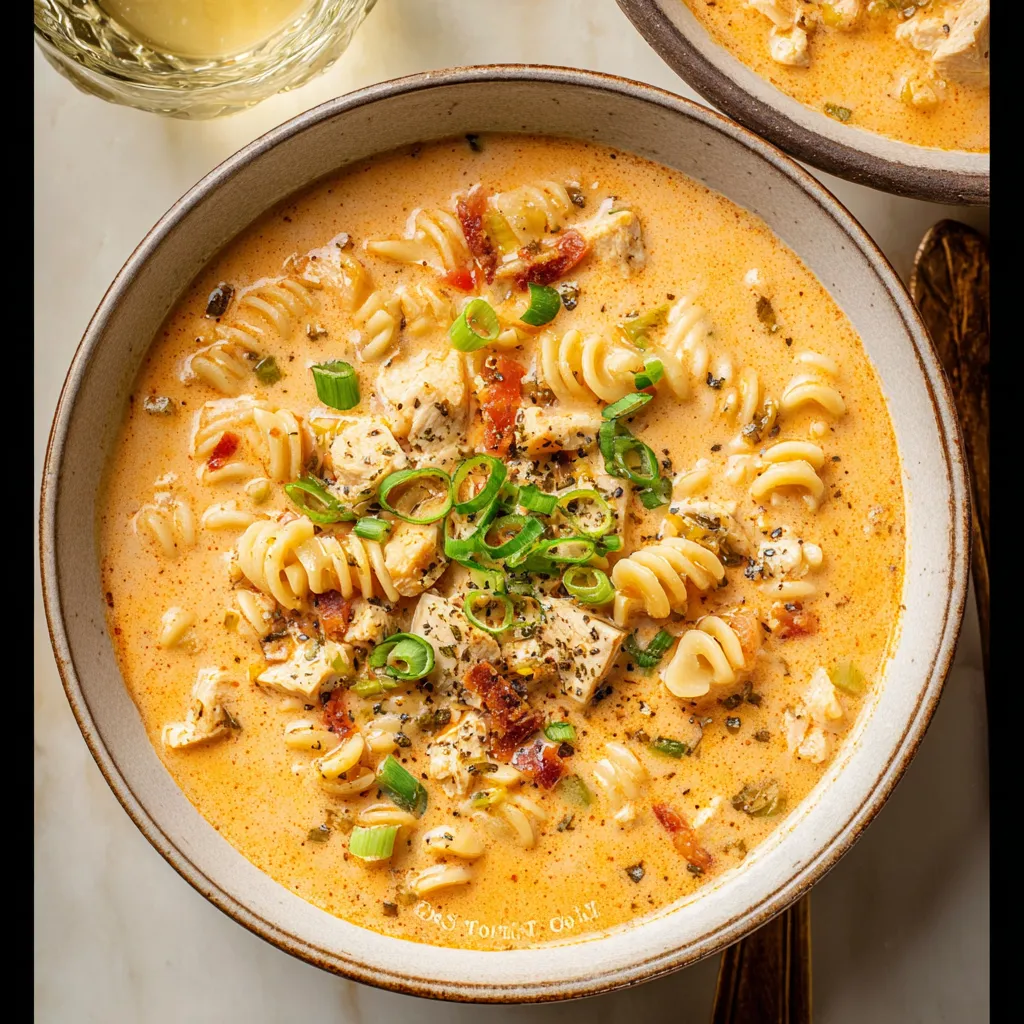A bowl of creamy cajun chicken pasta soup.