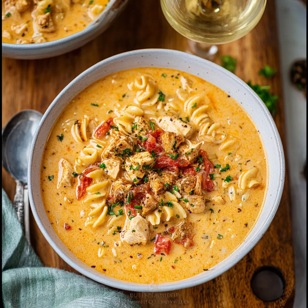 A bowl of creamy cajun chicken pasta soup.