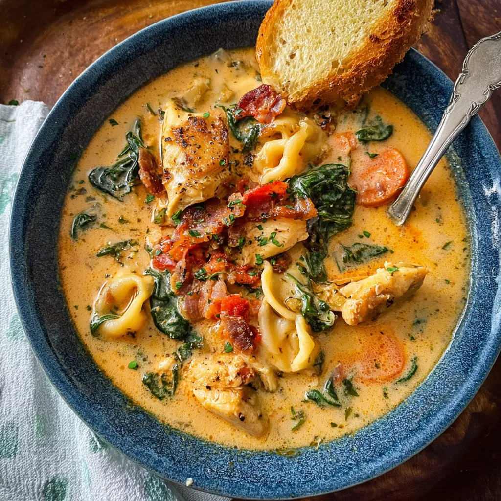 A bowl of soup with chicken and vegetables.