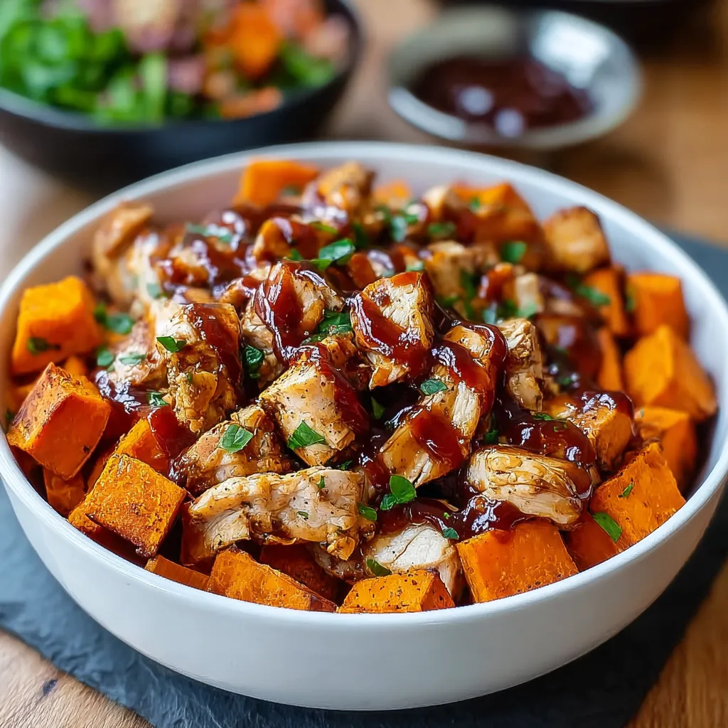 A bowl of BBQ chicken and sweet potatoes.