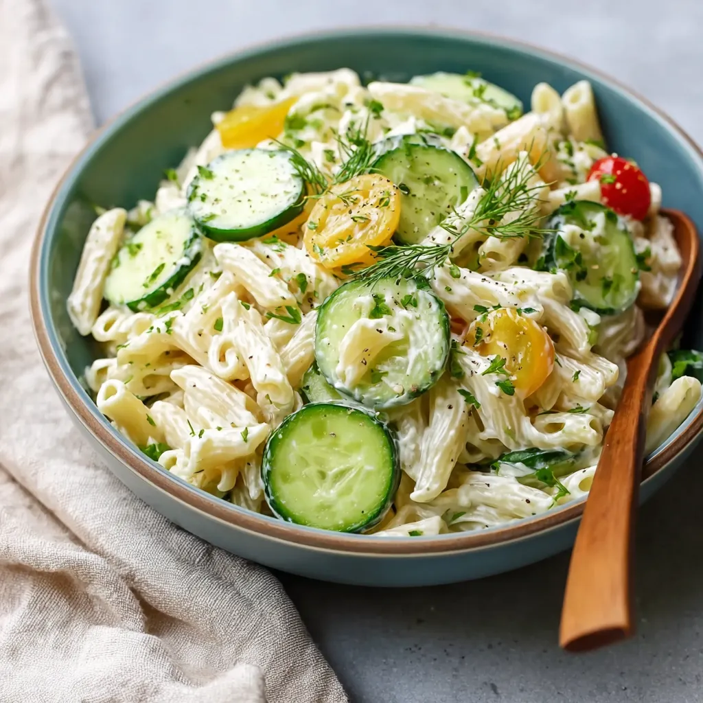 A bowl of pasta salad with cucumbers and tomatoes.