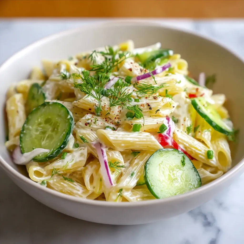 A bowl of pasta salad with cucumbers and other vegetables.