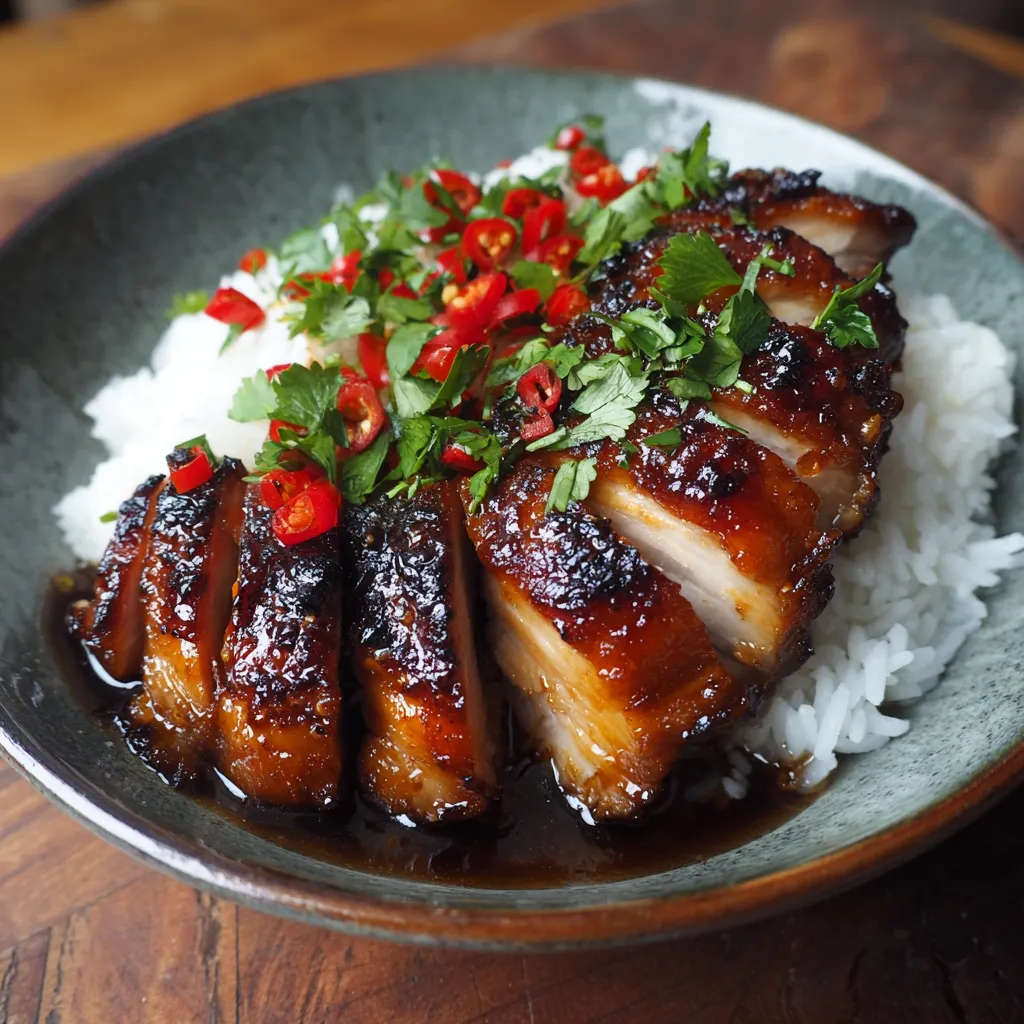 A plate of Char Siu Chicken with rice.