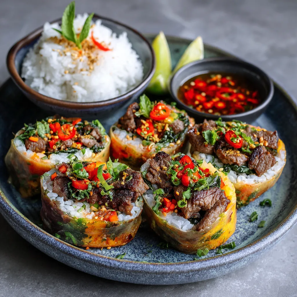 A plate of Thai Basil Beef Rolls.