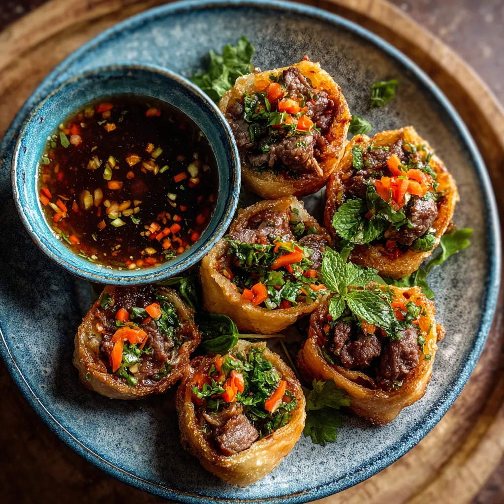 A plate of Thai Basil Beef Rolls.