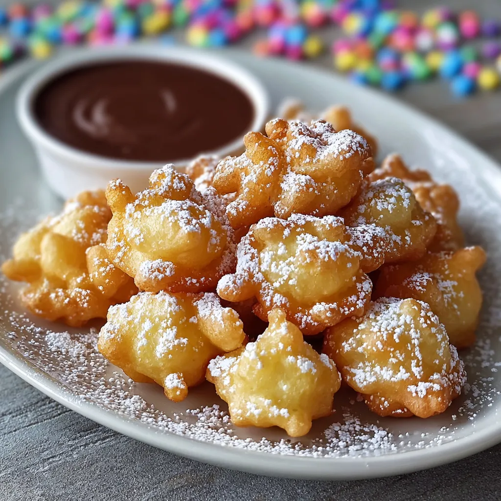A plate of funnel cake bites with powdered sugar.