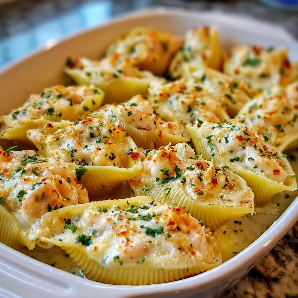A bowl of creamy seafood stuffed shells.