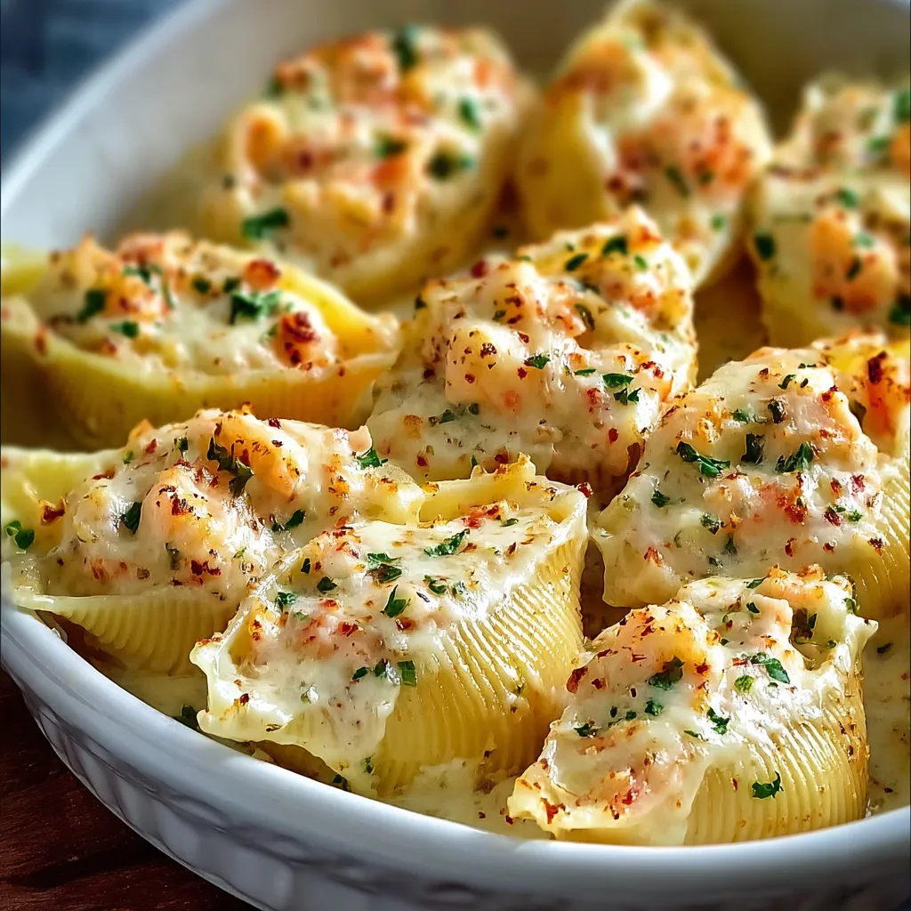 A bowl of creamy seafood stuffed shells.