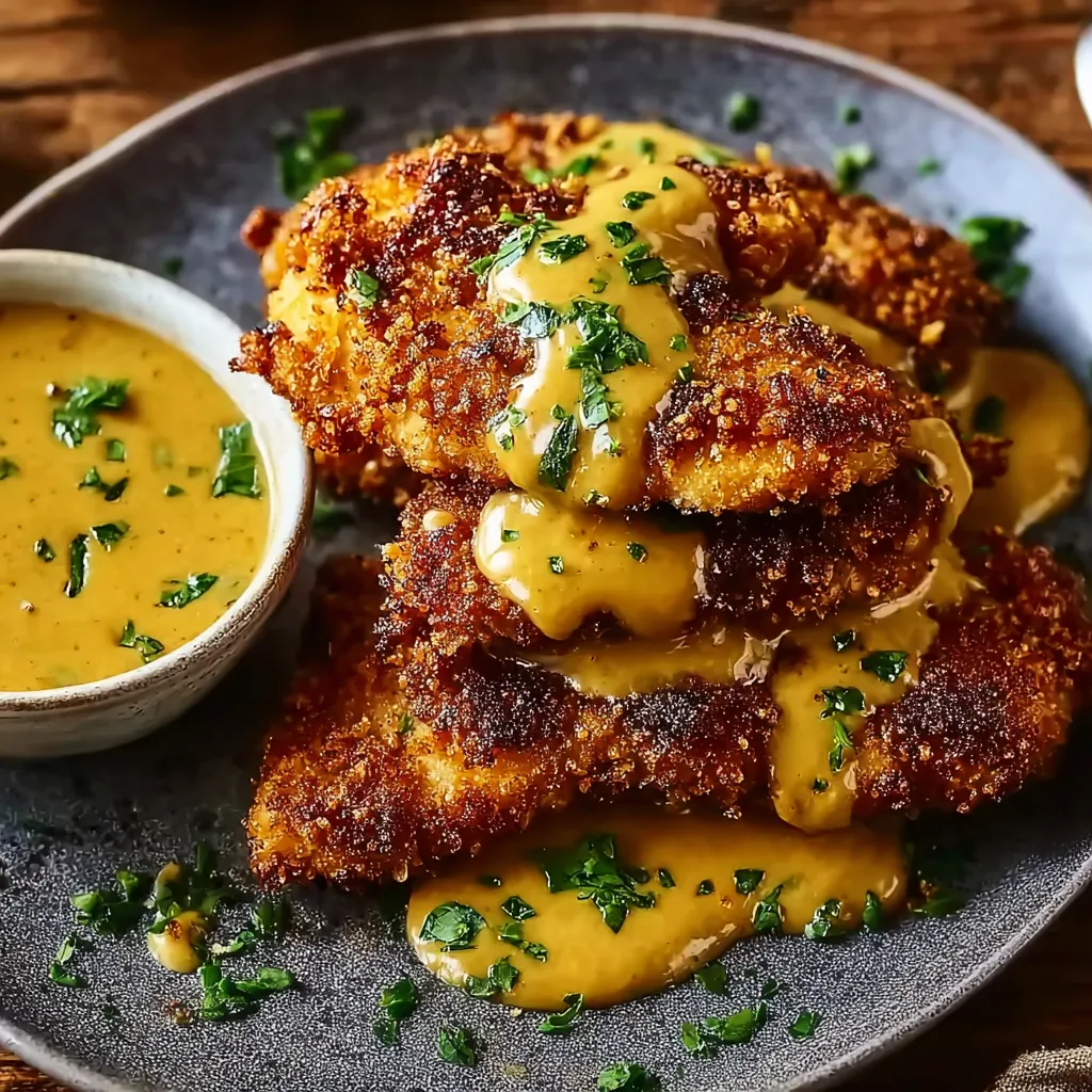 A plate of chicken with mustard and cheddar sauce.