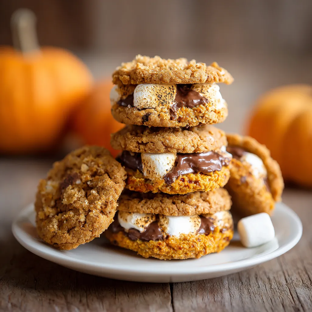 Pumpkin S'mores Cookies stacked on a plate.