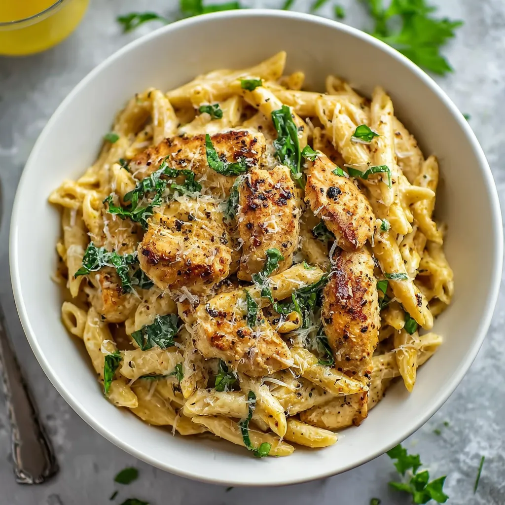 A bowl of pasta with chicken and cheese.
