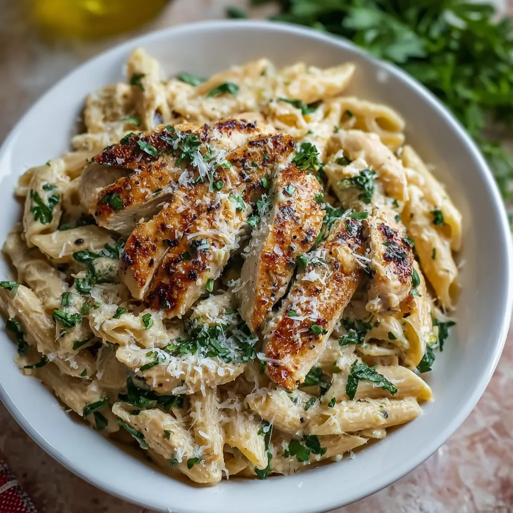 A bowl of chicken and pasta with garlic and Parmesan cheese.