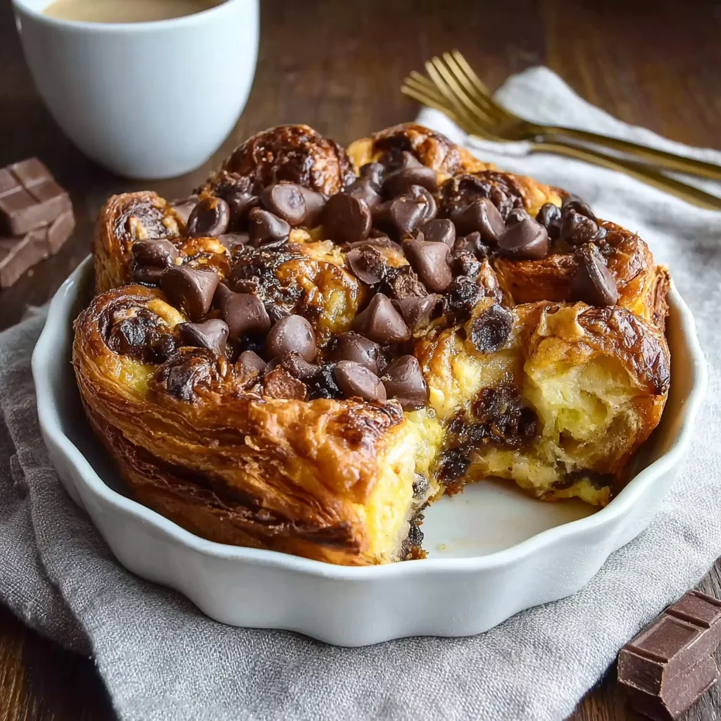 A croissant with chocolate chips and chocolate drizzle.