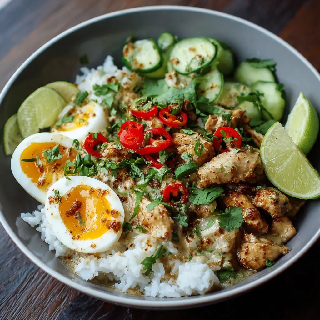 A bowl of food with rice, eggs, and vegetables.