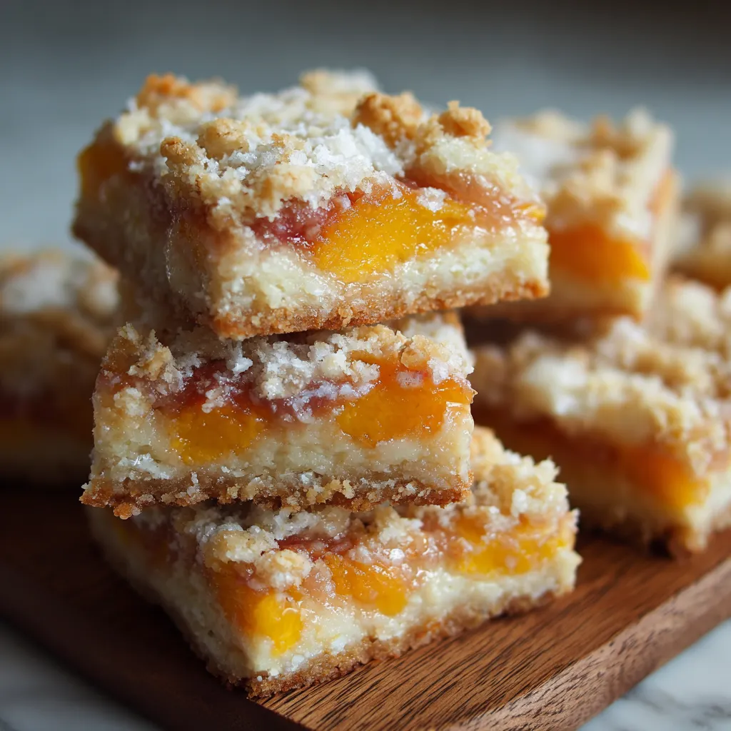 A stack of peach bars on a wooden board.