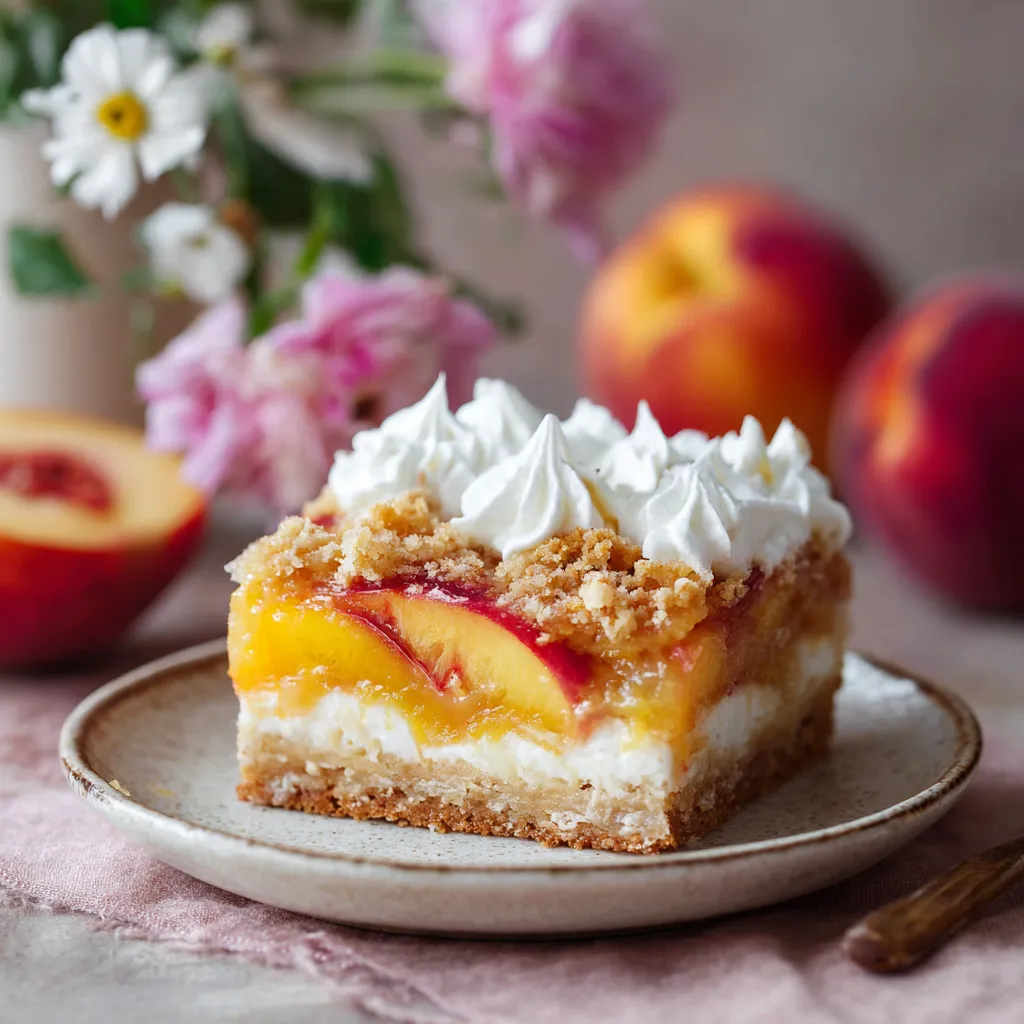 A slice of peach bars with white whipped cream on top.