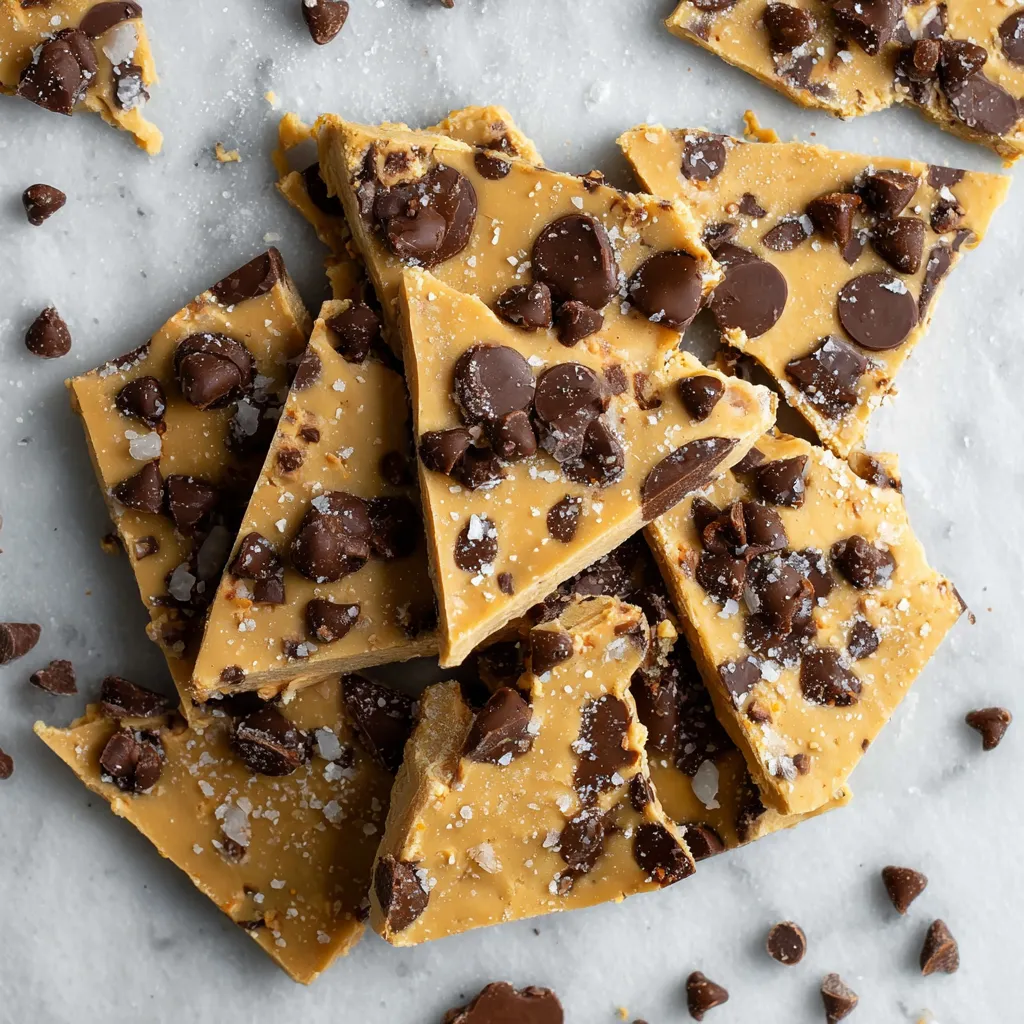 A close up of a piece of chocolate chip cookie dough bark.