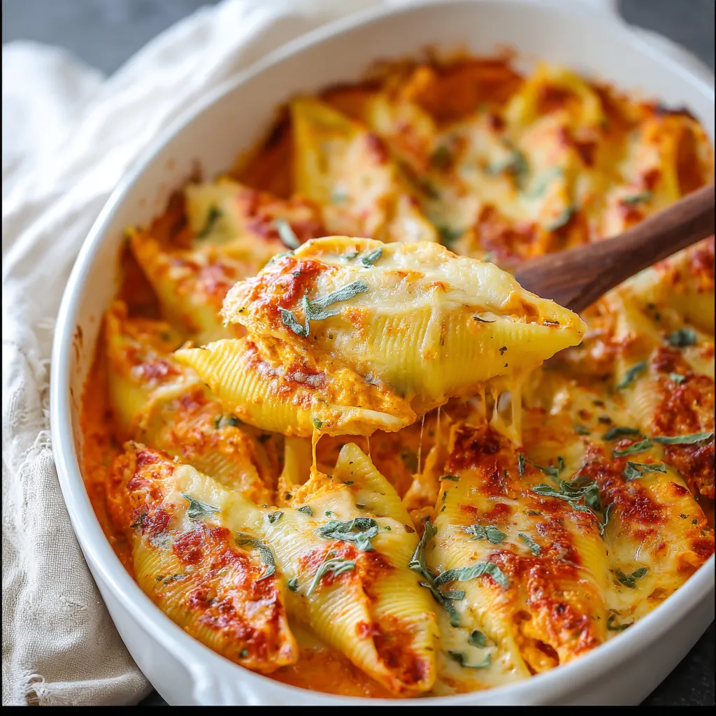 A bowl of creamy pumpkin ricotta stuffed shells.