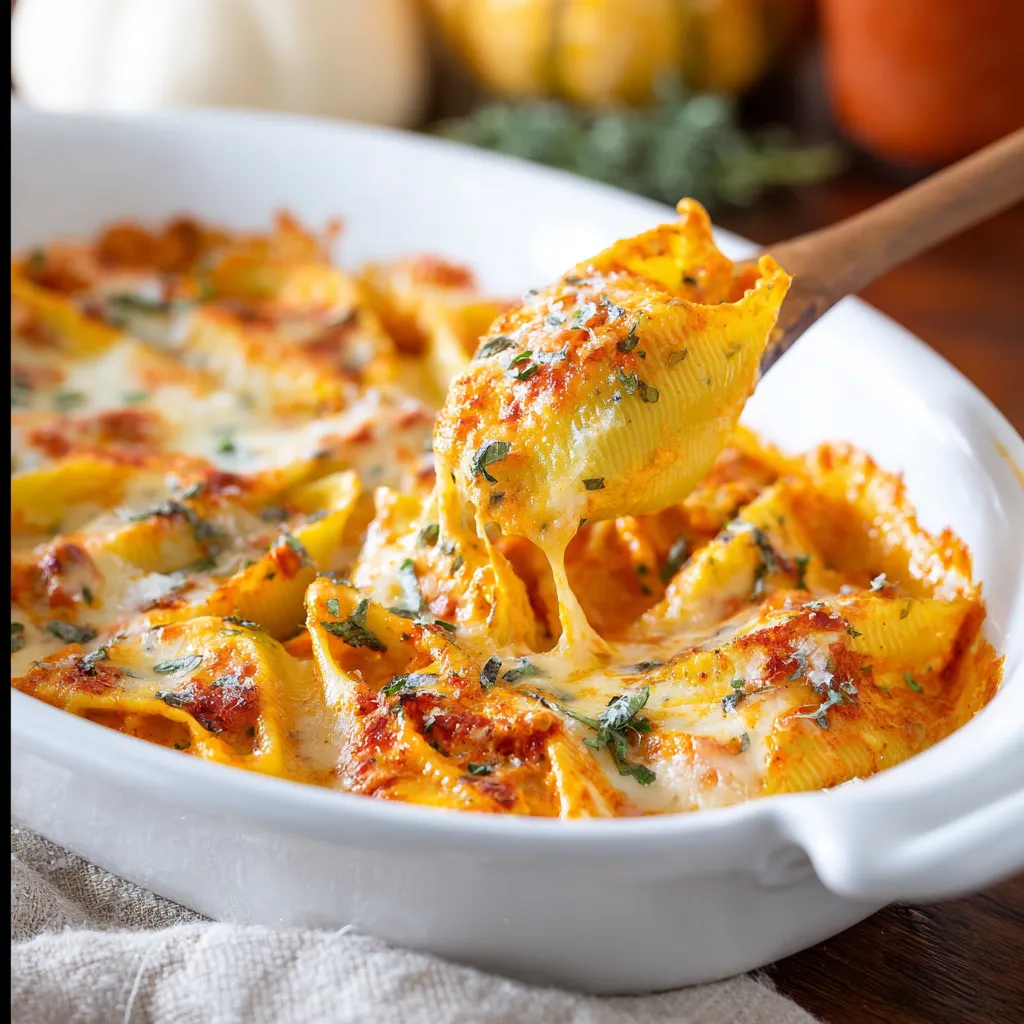 A bowl of creamy pumpkin ricotta stuffed shells.