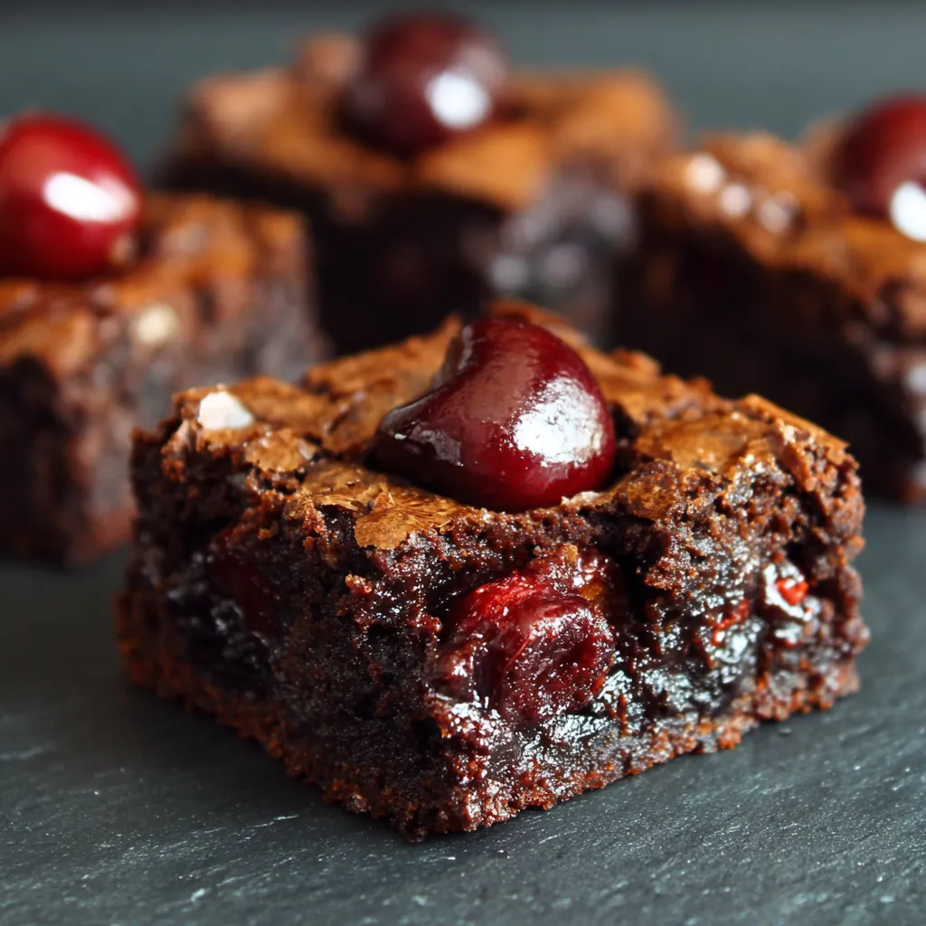 A close up of a chocolate brownie with cherries on top.