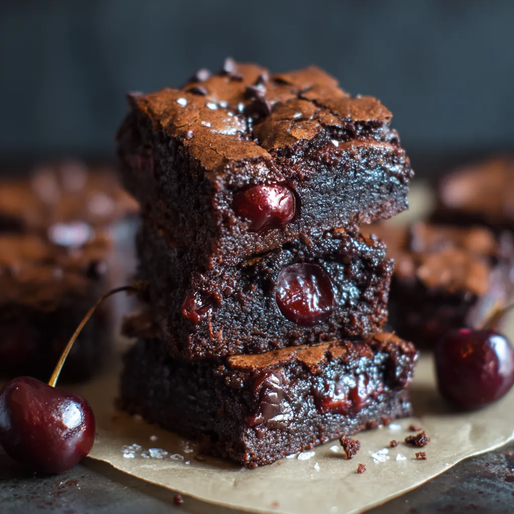 A close up of a delicious chocolate brownie with cherries on top.