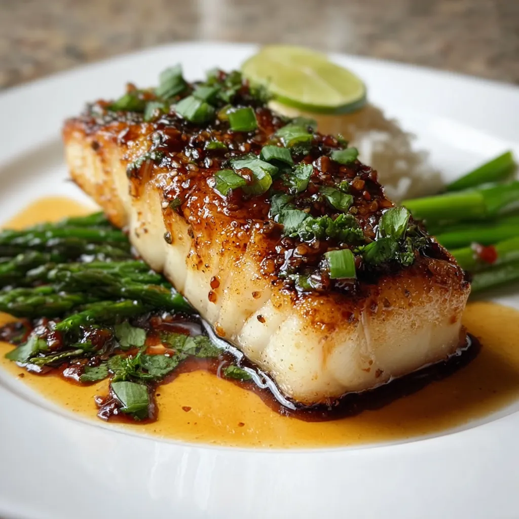A plate of ginger soy glazed cod with rice and green onions.
