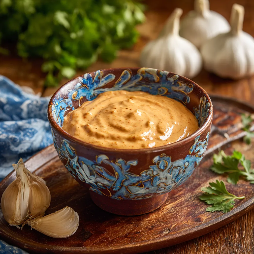 A bowl of sour cream with garlic and chips.