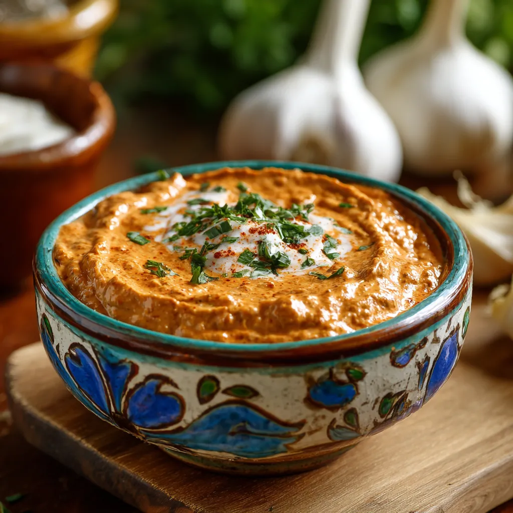 A bowl of sour cream and garlic with a spoon in it.