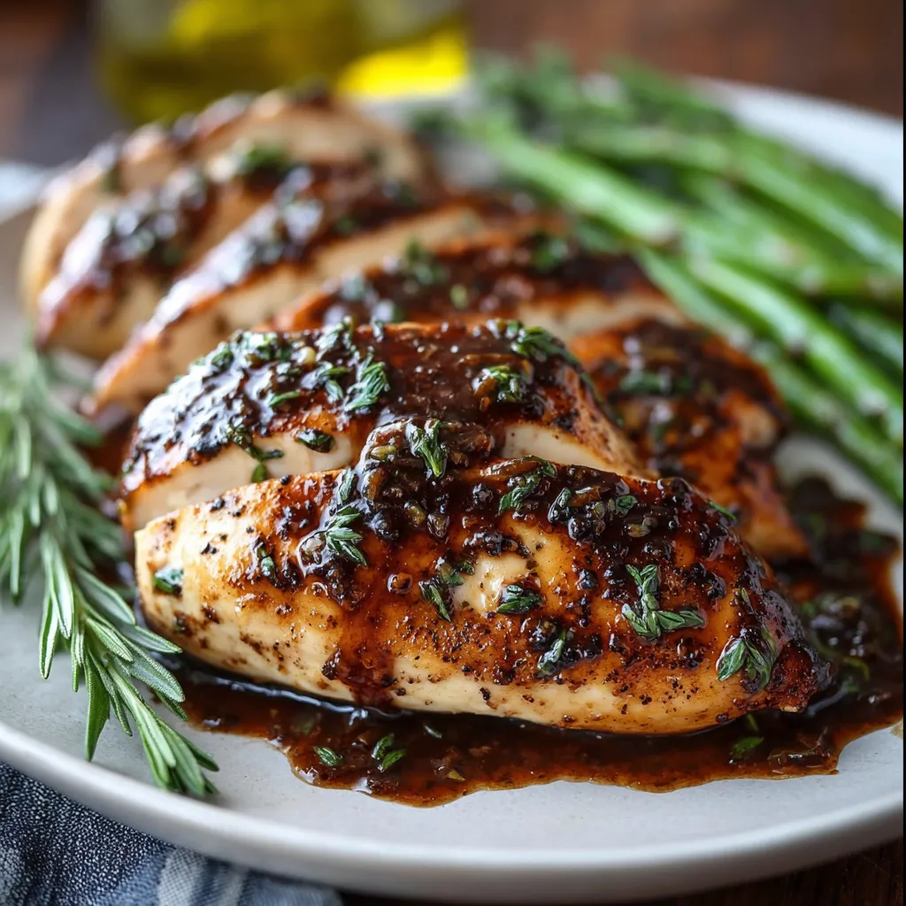 A plate of balsamic baked chicken breast.