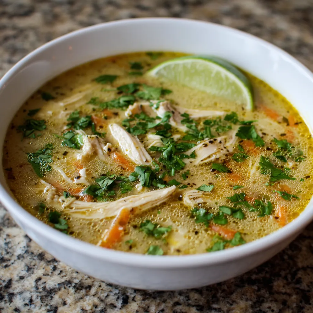 A bowl of soup with chicken, lime, and garnish.