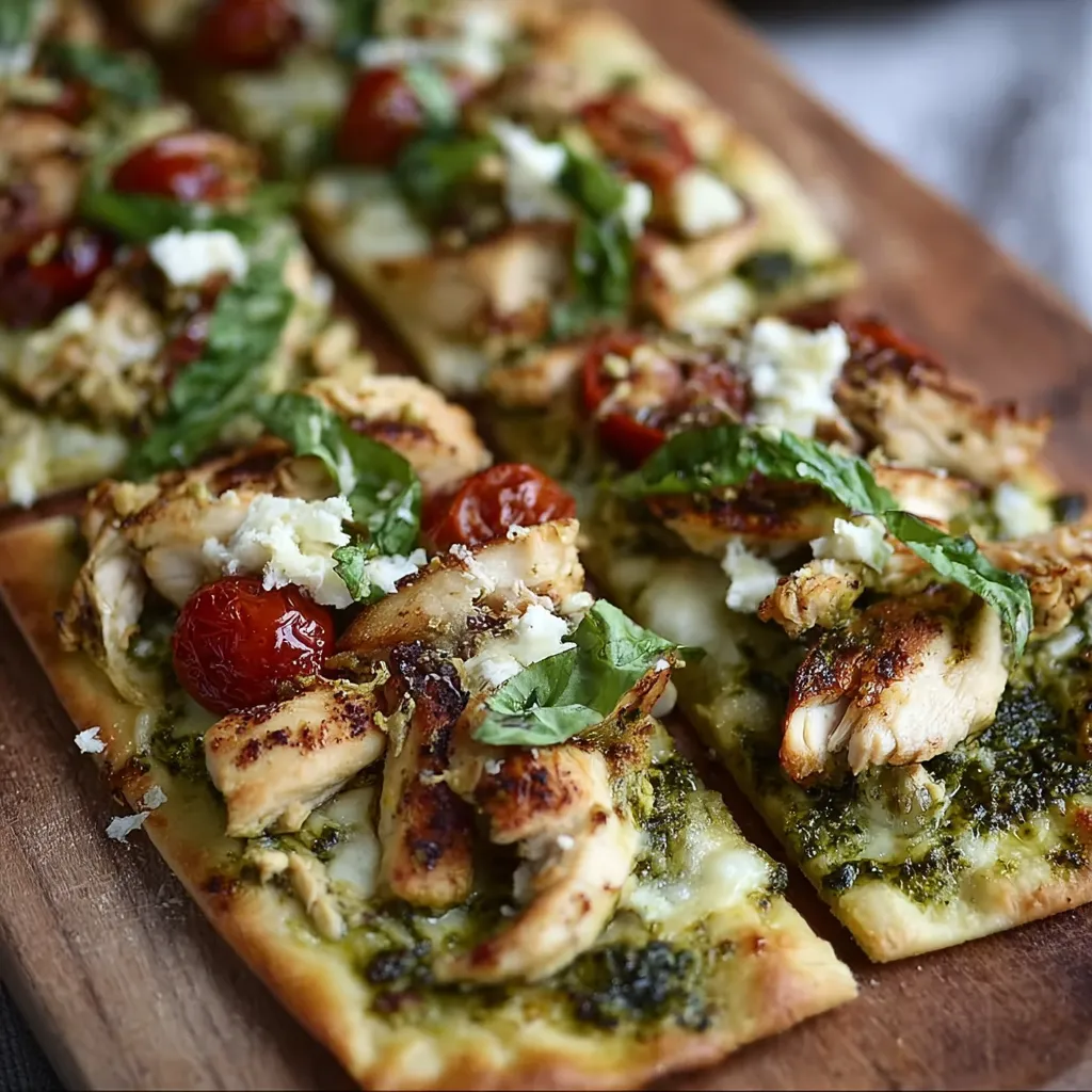 A pesto chicken flatbread with tomatoes and spinach.