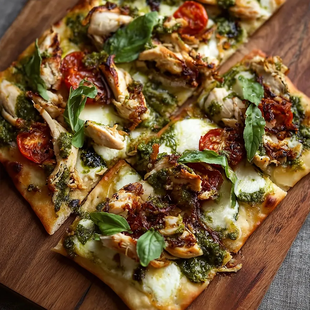 A pesto chicken flatbread with tomatoes and spinach.