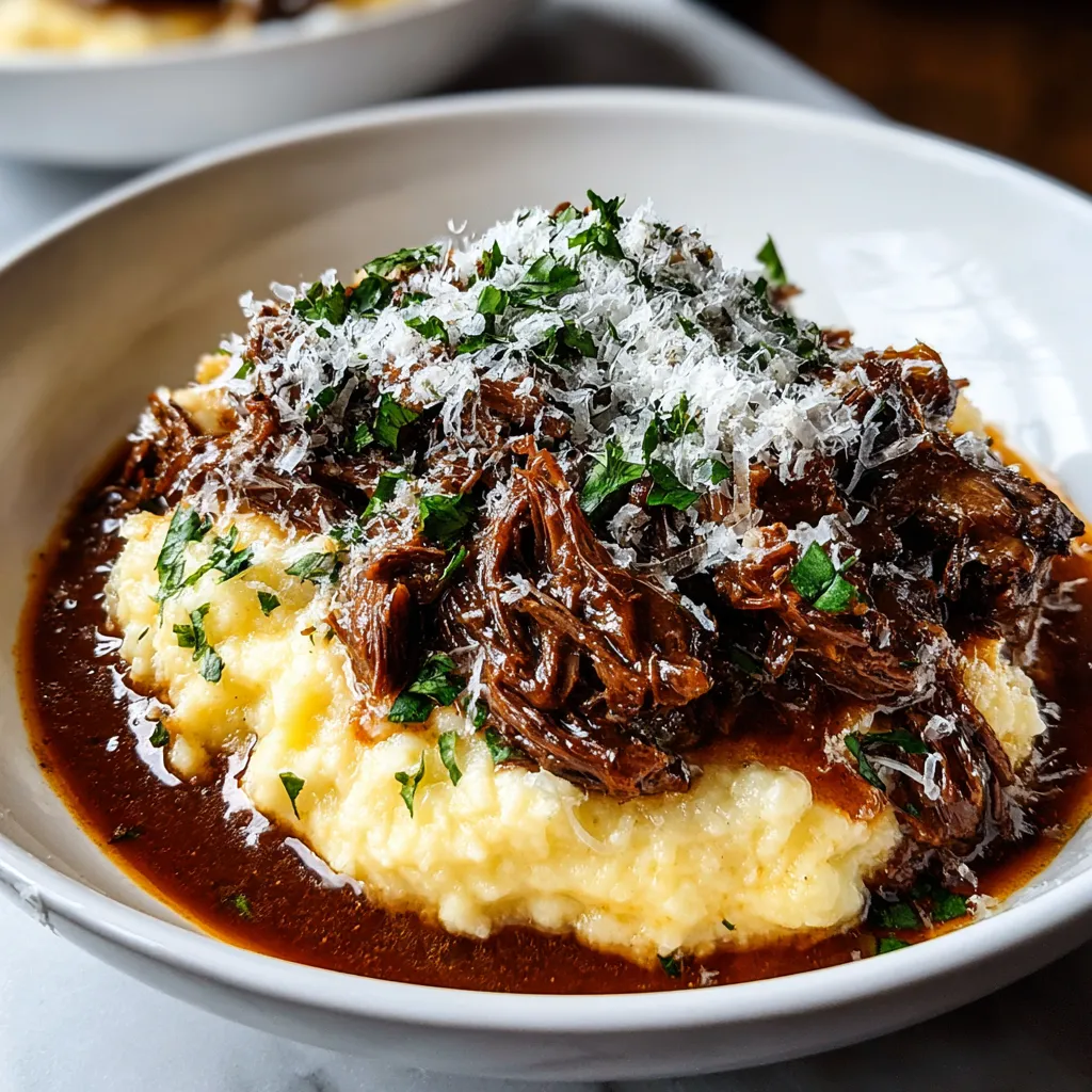 A bowl of short ribs with Parmesan mashed potatoes.
