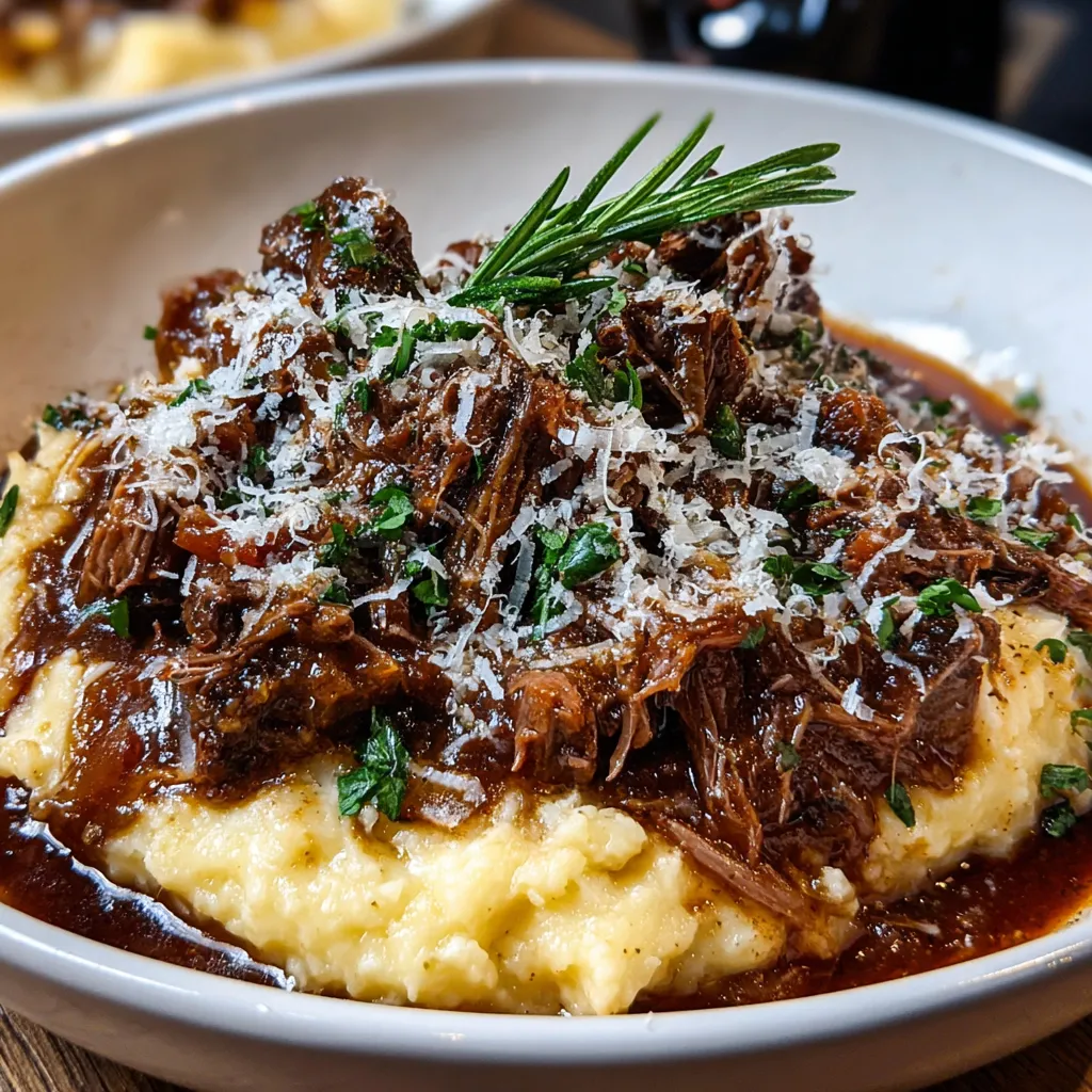 A bowl of short ribs with Parmesan mashed potatoes.