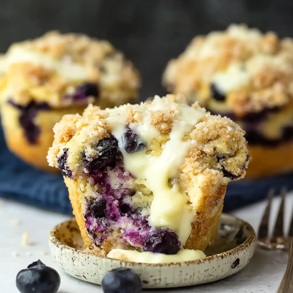 A close up of a blueberry cream cheese muffin.