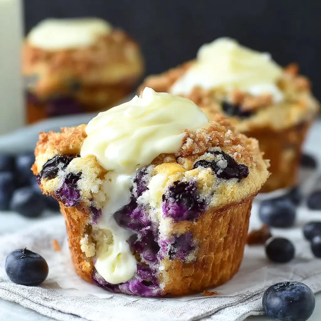 A muffin with blueberries and cream cheese.