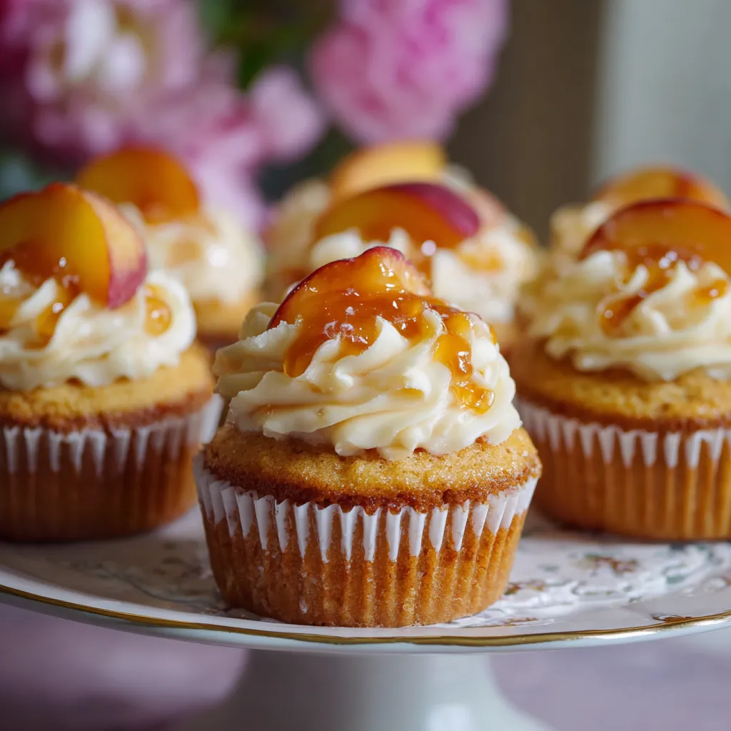 A plate with four cupcakes with peaches and cream cheese.