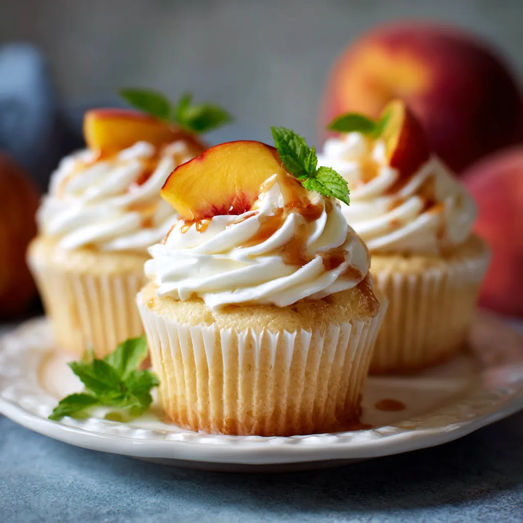 Two cupcakes with peaches and cream cheese.
