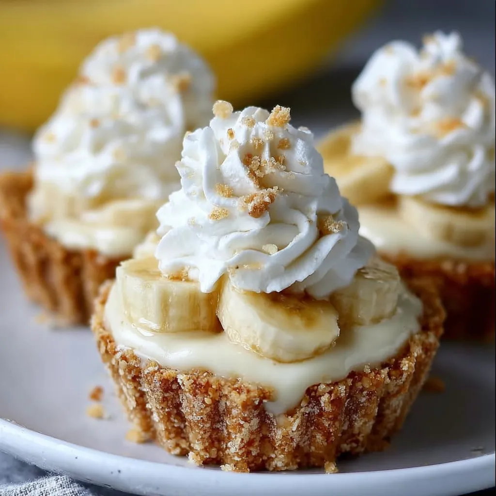 Three mini banana cream pies with whipped cream on top.