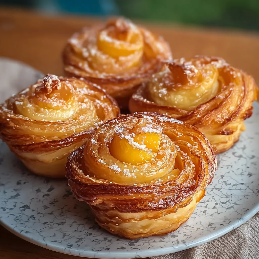 Three peach pie cruffins on a plate.