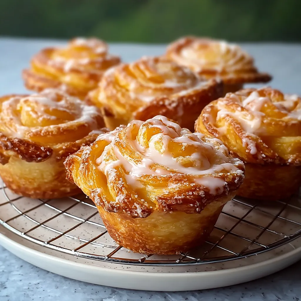 Peach Pie Cruffins on a wire rack.