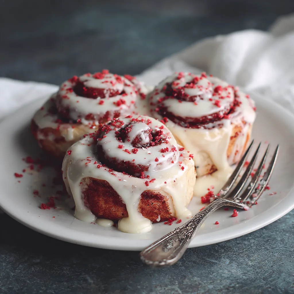 Three red velvet cinnamon rolls on a white plate.