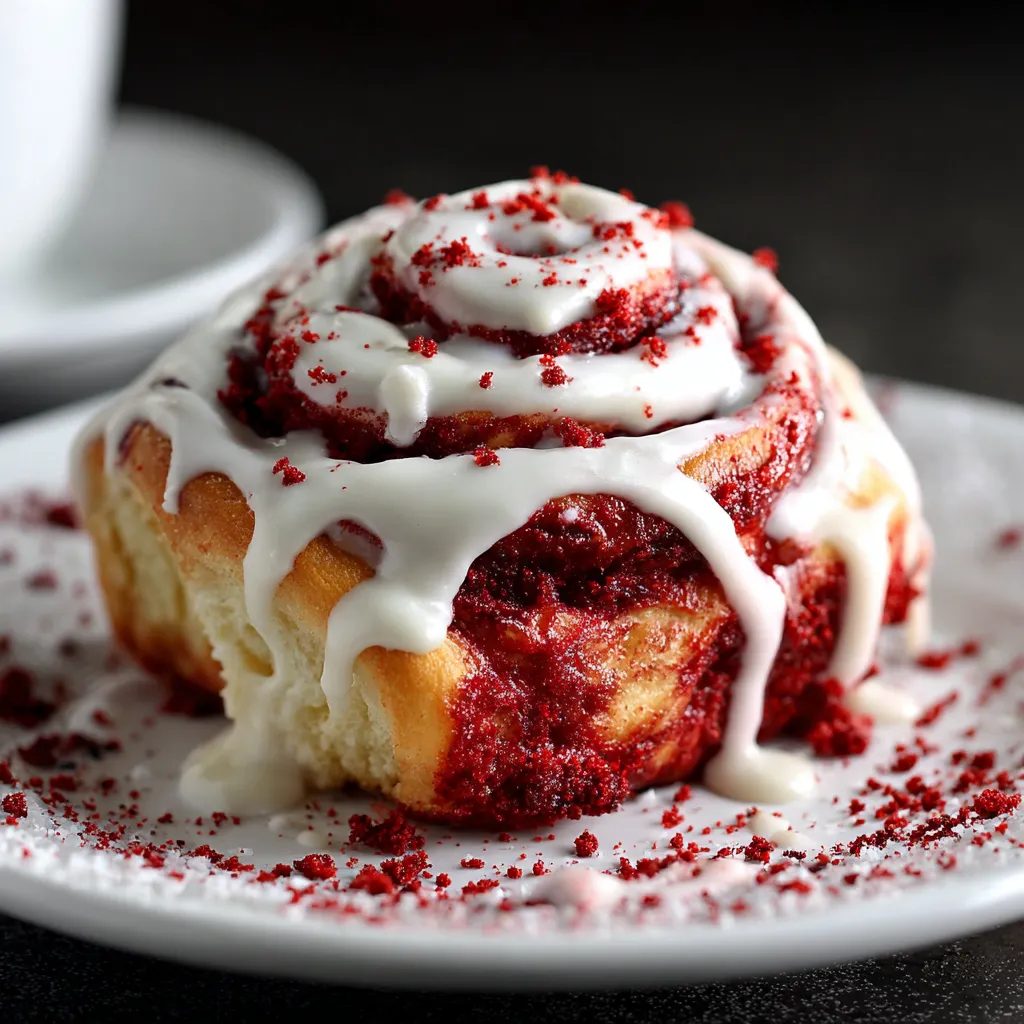 A plate with a red velvet cinnamon roll.