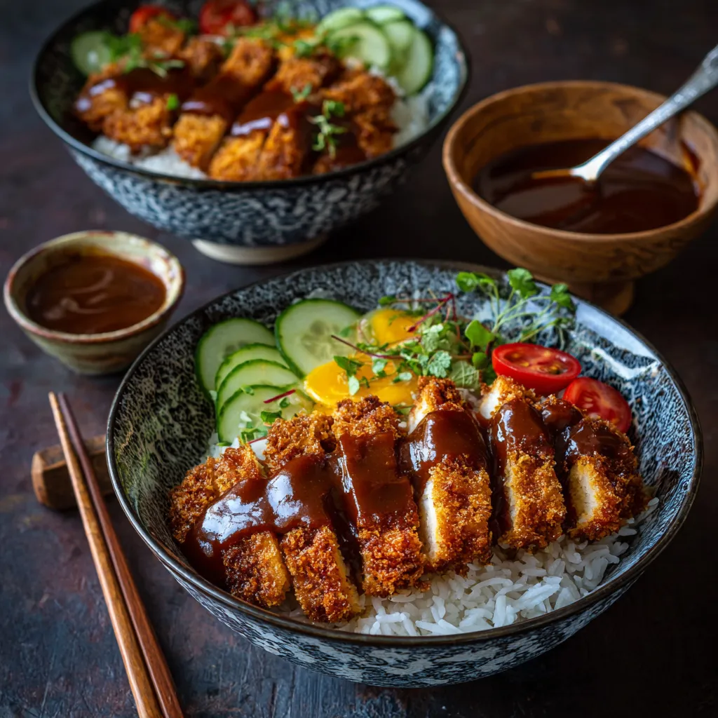 Two bowls of Japanese food with rice and vegetables.