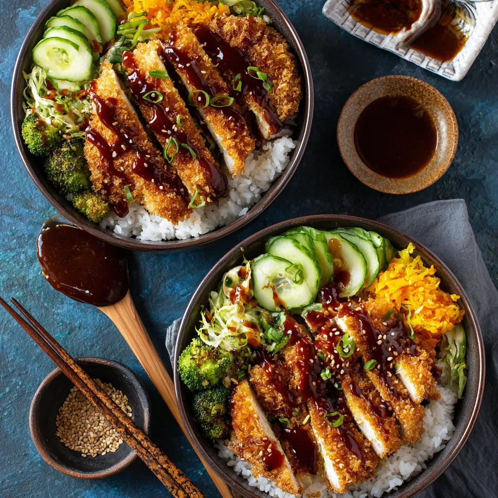 Two bowls of Japanese food with chicken and rice.