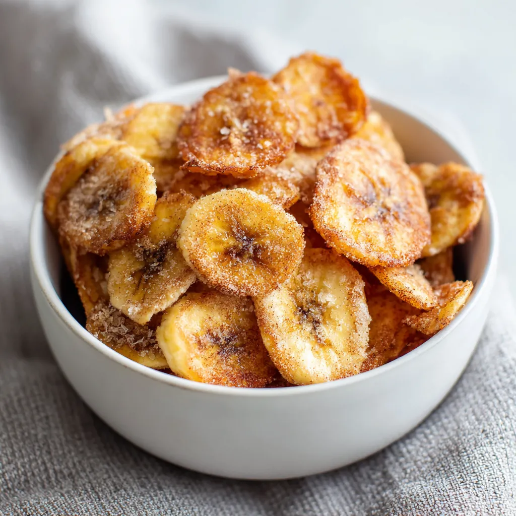 A bowl of cinnamon sugar air fryer banana chips.