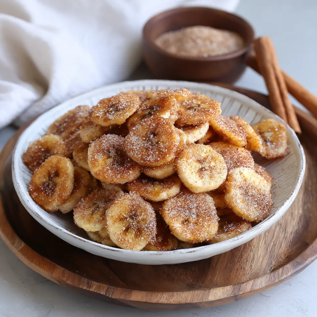 A bowl of cinnamon sugar air fryer banana chips.