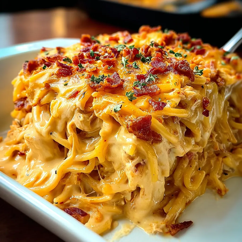 A delicious looking spaghetti casserole with bacon and cheese.